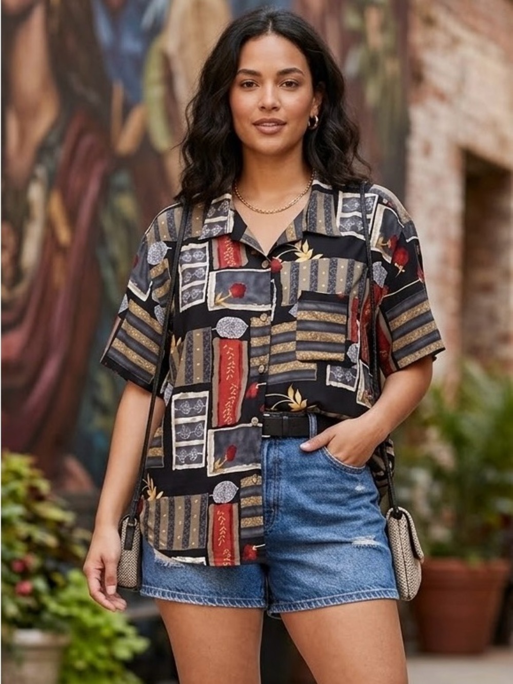 NWT 90’s DPS New York Short Sleeve Button Down Abstract Top  Size 2X